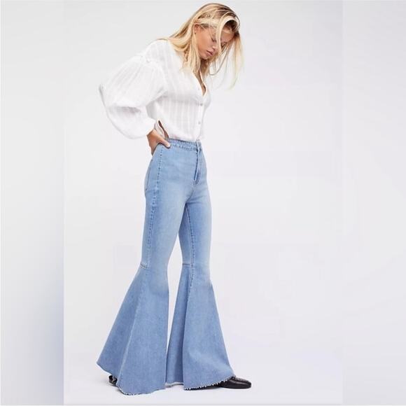 Free People Just Float On Flare Jeans Size 26 Blue Denim Festival Rodeo Western - Picture 1 of 11